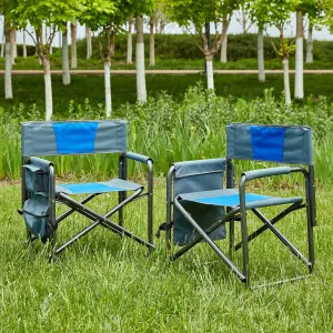 Oversized Padded Folding Chair with Side Table - 400lb Capacity Portable Directors Chair for Camping Picnics Fishing Indoor Outdoor Use Lightweight Oxford Fabric (2-Piece Blue)