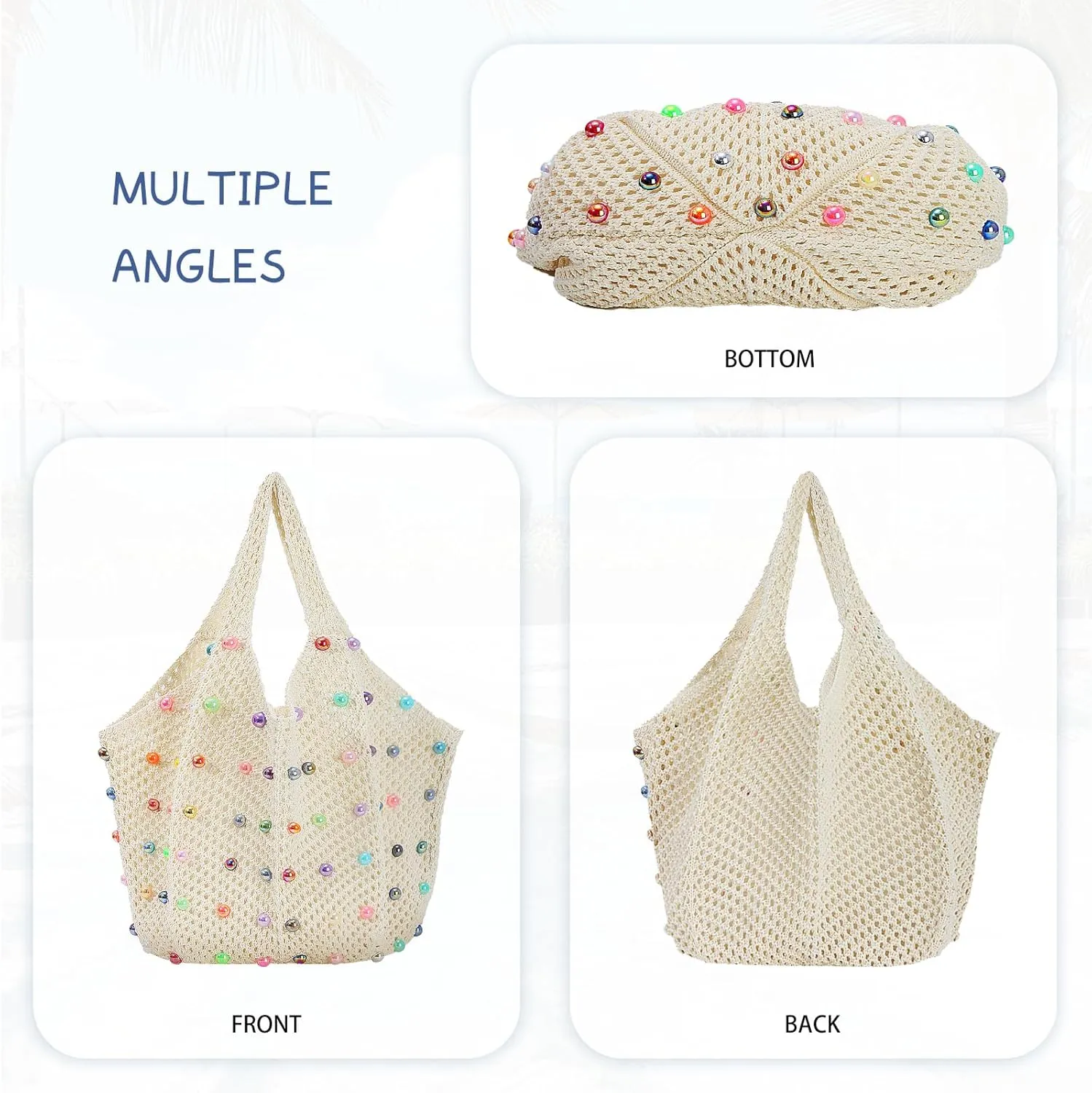 Oweisong Cute Beach Bags for Women Summer Beaded Crochet Tote Boho Woven Mesh Shoulder Handbag for Vacation Travel