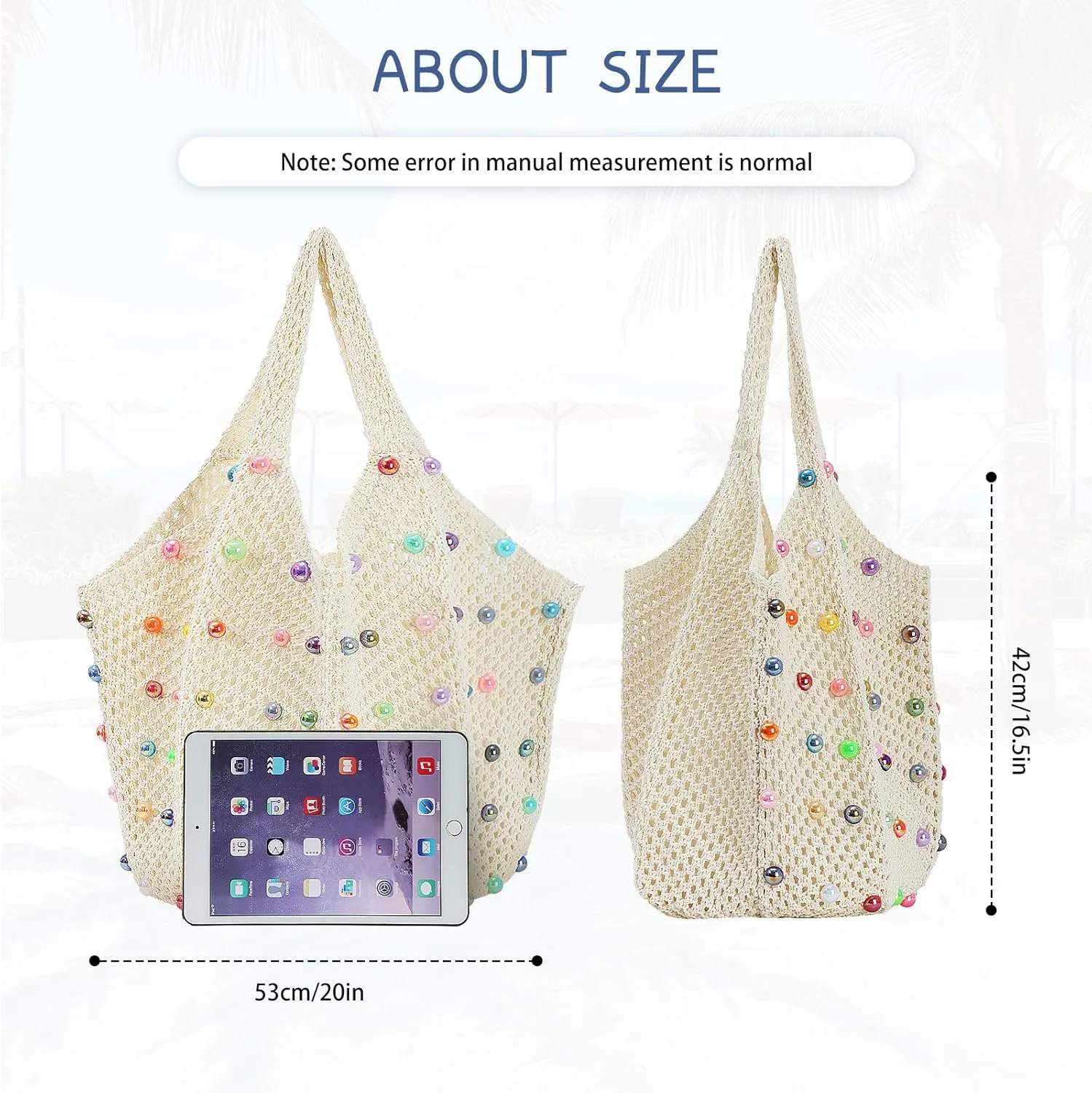 Oweisong Cute Beach Bags for Women Summer Beaded Crochet Tote Boho Woven Mesh Shoulder Handbag for Vacation Travel