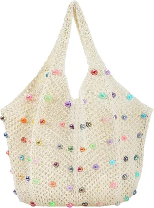 Oweisong Cute Beach Bags for Women Summer Beaded Crochet Tote Boho Woven Mesh Shoulder Handbag for Vacation Travel