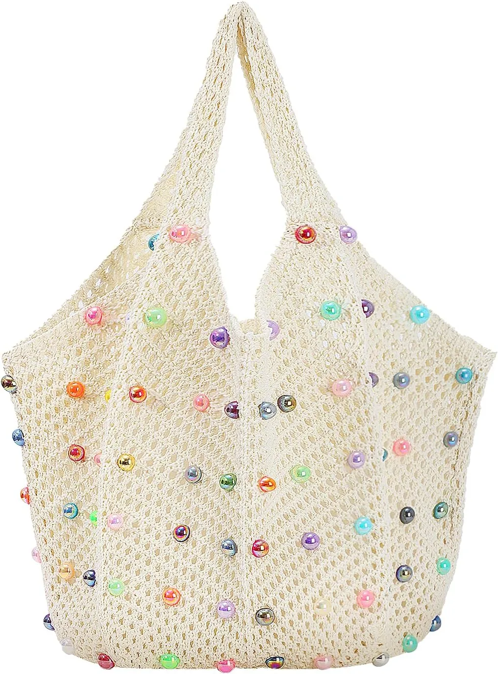 Oweisong Cute Beach Bags for Women Summer Beaded Crochet Tote Boho Woven Mesh Shoulder Handbag for Vacation Travel
