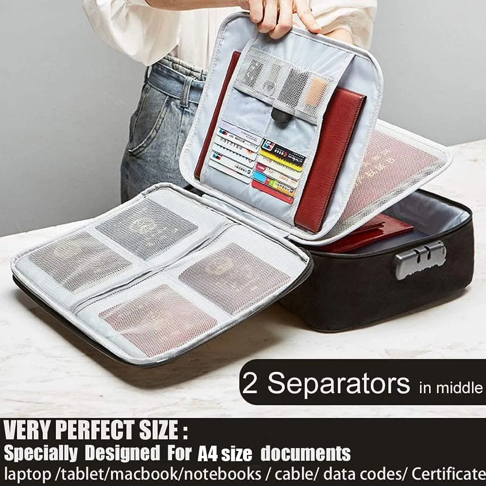 Oxford Document Organizer with Safe Code Lock,Storage Pouch Credential Bag Diploma Storage Important Document and File Pocket, Laptop, Notebooks,Bank Cards Valuables Travel Bag with Separators (Black)