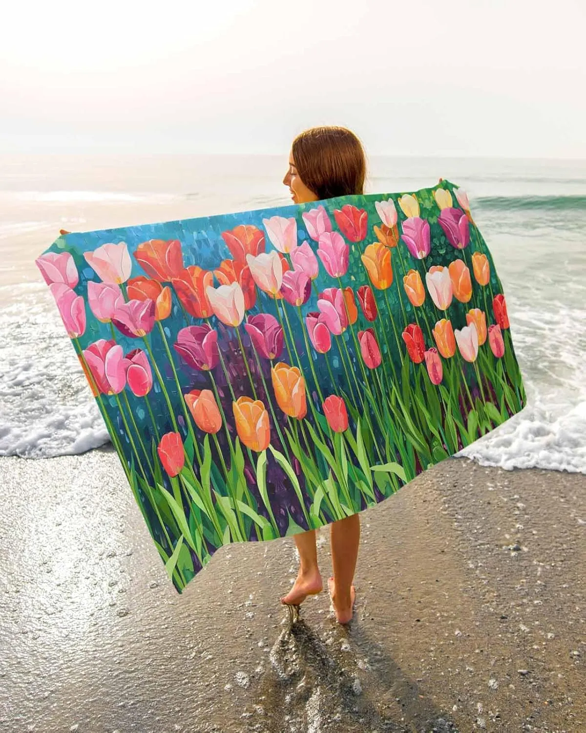 Painting Beach Towel 35"x70" Microfiber Beach Towels Oversized Sand Free Quick Dry Beach Towel/Bath Towels/Yoga Towel/Pool Towels/Travel Towel for Women Men Girls Kids-Vegetable Tulips