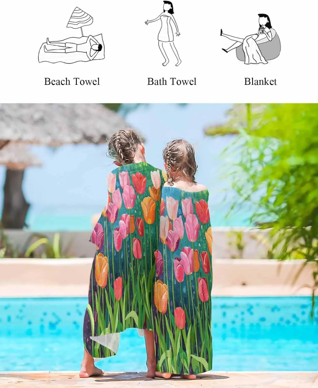 Painting Beach Towel 35"x70" Microfiber Beach Towels Oversized Sand Free Quick Dry Beach Towel/Bath Towels/Yoga Towel/Pool Towels/Travel Towel for Women Men Girls Kids-Vegetable Tulips