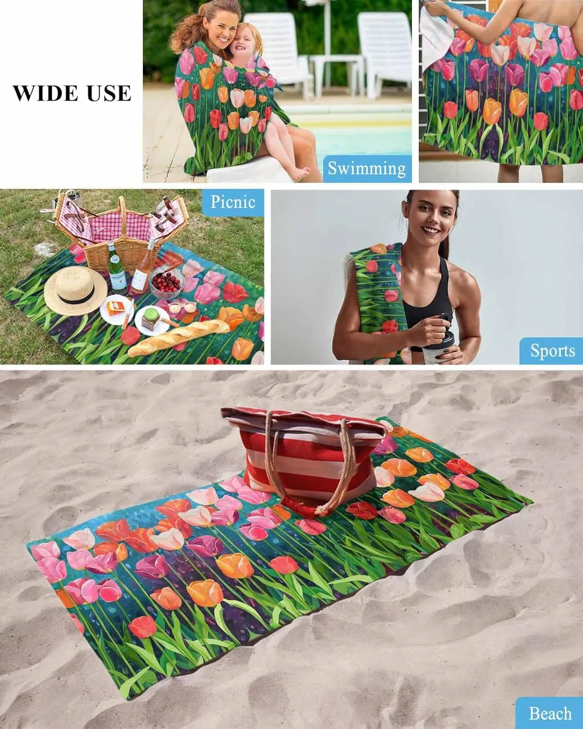 Painting Beach Towel 35"x70" Microfiber Beach Towels Oversized Sand Free Quick Dry Beach Towel/Bath Towels/Yoga Towel/Pool Towels/Travel Towel for Women Men Girls Kids-Vegetable Tulips