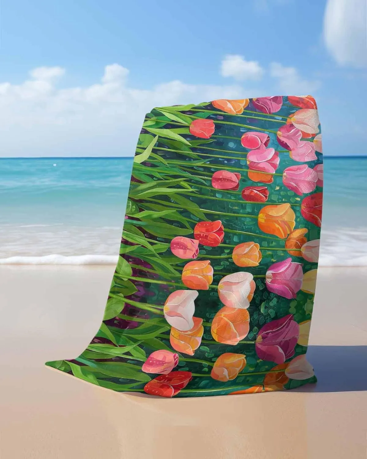 Painting Beach Towel 35"x70" Microfiber Beach Towels Oversized Sand Free Quick Dry Beach Towel/Bath Towels/Yoga Towel/Pool Towels/Travel Towel for Women Men Girls Kids-Vegetable Tulips