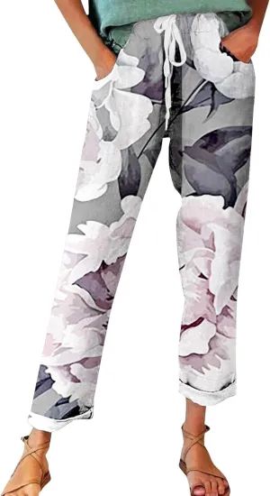 Pantalones De Lino para Mujer Linen Vintage Floral Print Casual Pants – Perfect for Spring Comfortable Linen Blend Pants