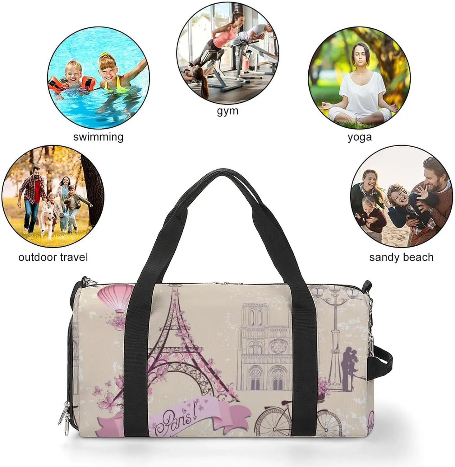 Paris Symbols Pattern Water Resistant Gym Bag with Shoe Compartment, Travel Duffel Tote Bag Weekender Overnight Bag for Women Men