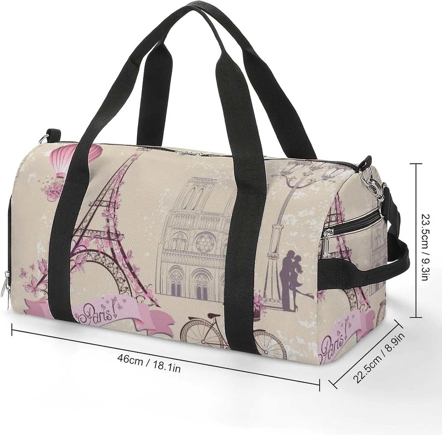 Paris Symbols Pattern Water Resistant Gym Bag with Shoe Compartment, Travel Duffel Tote Bag Weekender Overnight Bag for Women Men