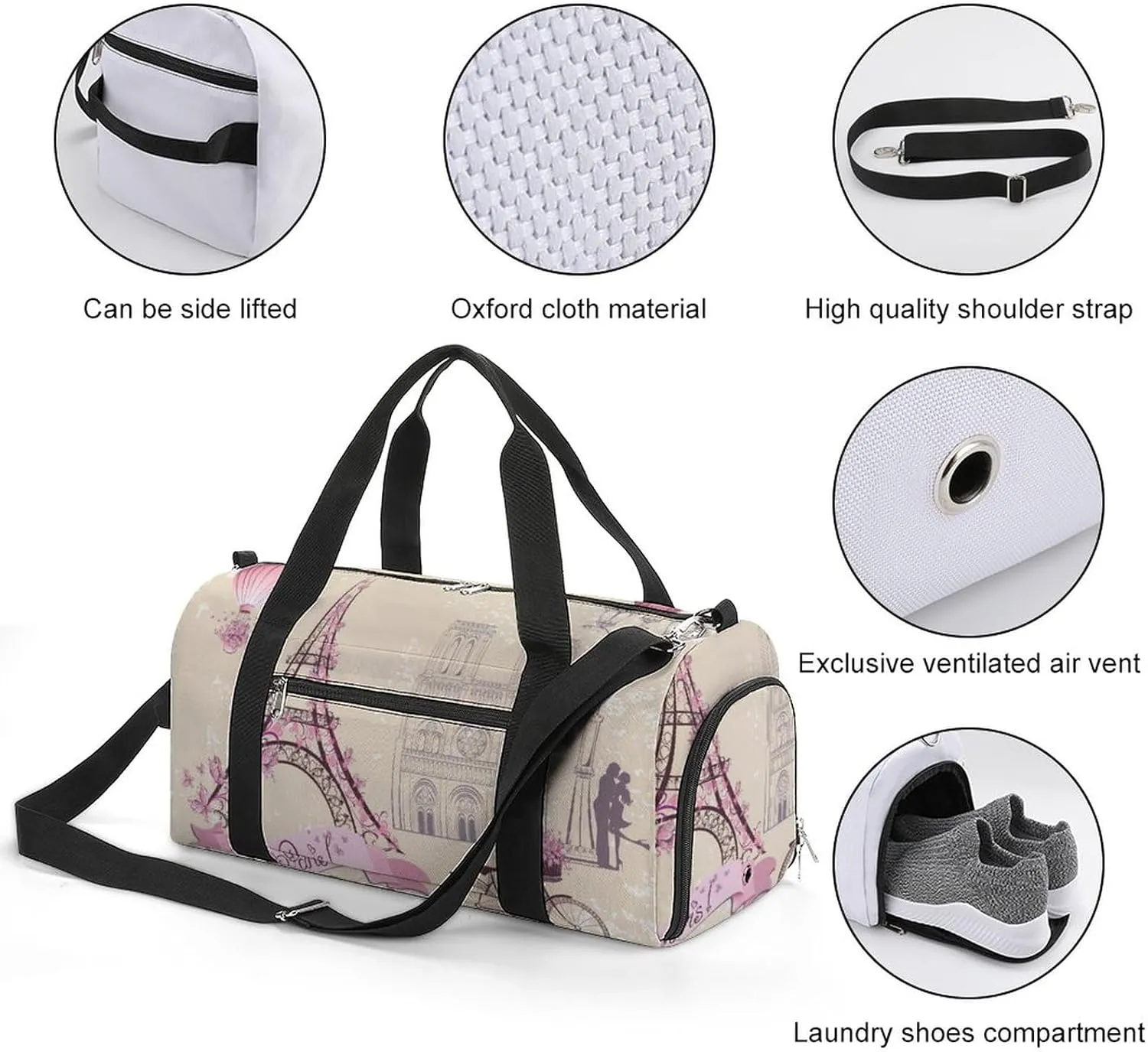 Paris Symbols Pattern Water Resistant Gym Bag with Shoe Compartment, Travel Duffel Tote Bag Weekender Overnight Bag for Women Men