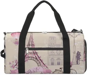 Paris Symbols Pattern Water Resistant Gym Bag with Shoe Compartment, Travel Duffel Tote Bag Weekender Overnight Bag for Women Men