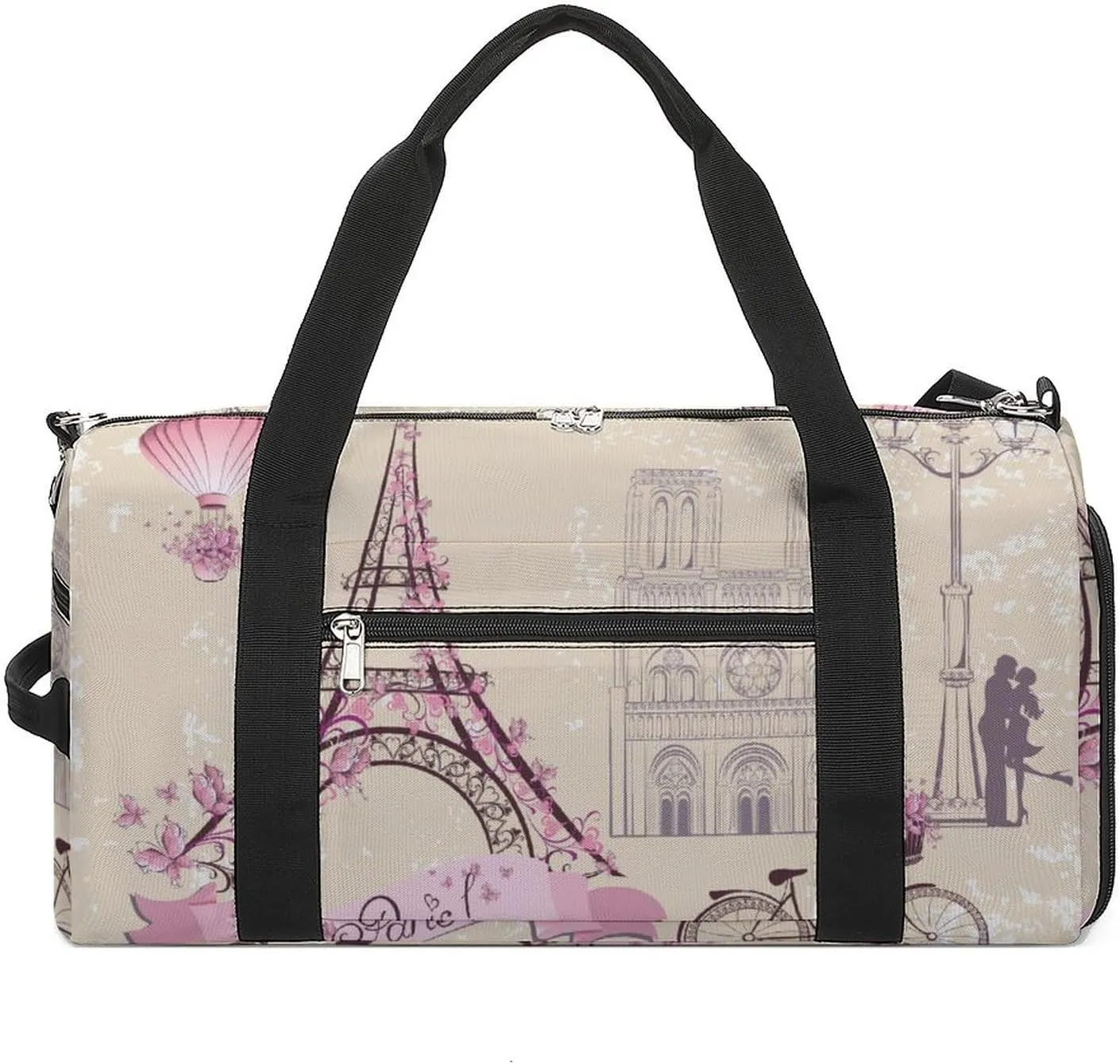 Paris Symbols Pattern Water Resistant Gym Bag with Shoe Compartment, Travel Duffel Tote Bag Weekender Overnight Bag for Women Men