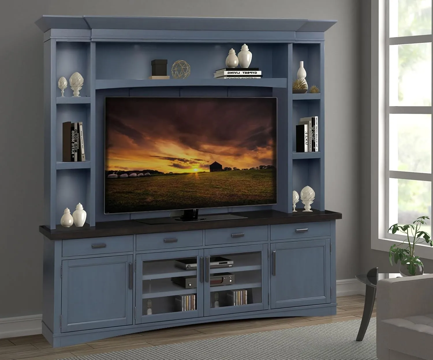 Parker House Americana Modern Wood TV Console with Hutch Back Panel in Denim