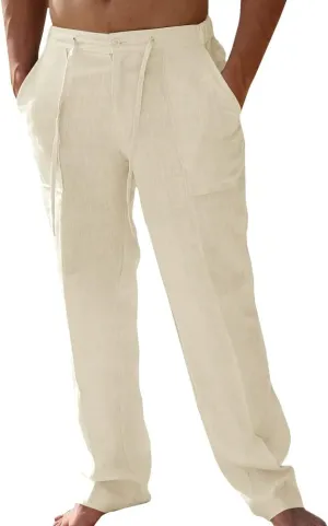 PASLTER Mens Casual Linen Pants Loose Fit Elastic Drawstring Waist Straight-Legs Summer Yoga Beach Long Pants