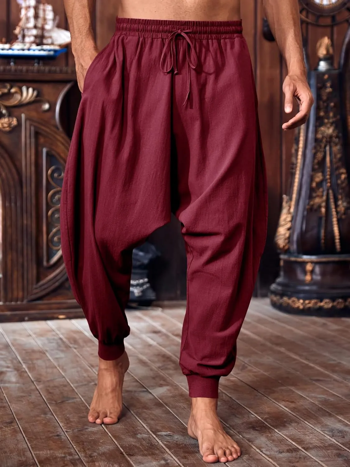 PASLTER Mens Pirate Pants Medieval Viking Costume Trousers Renaissance Halloween Baggy Harem Linen Pants