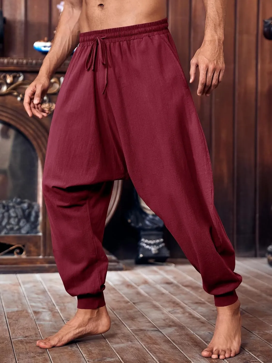 PASLTER Mens Pirate Pants Medieval Viking Costume Trousers Renaissance Halloween Baggy Harem Linen Pants