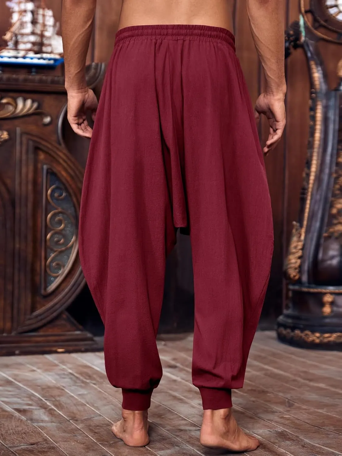 PASLTER Mens Pirate Pants Medieval Viking Costume Trousers Renaissance Halloween Baggy Harem Linen Pants