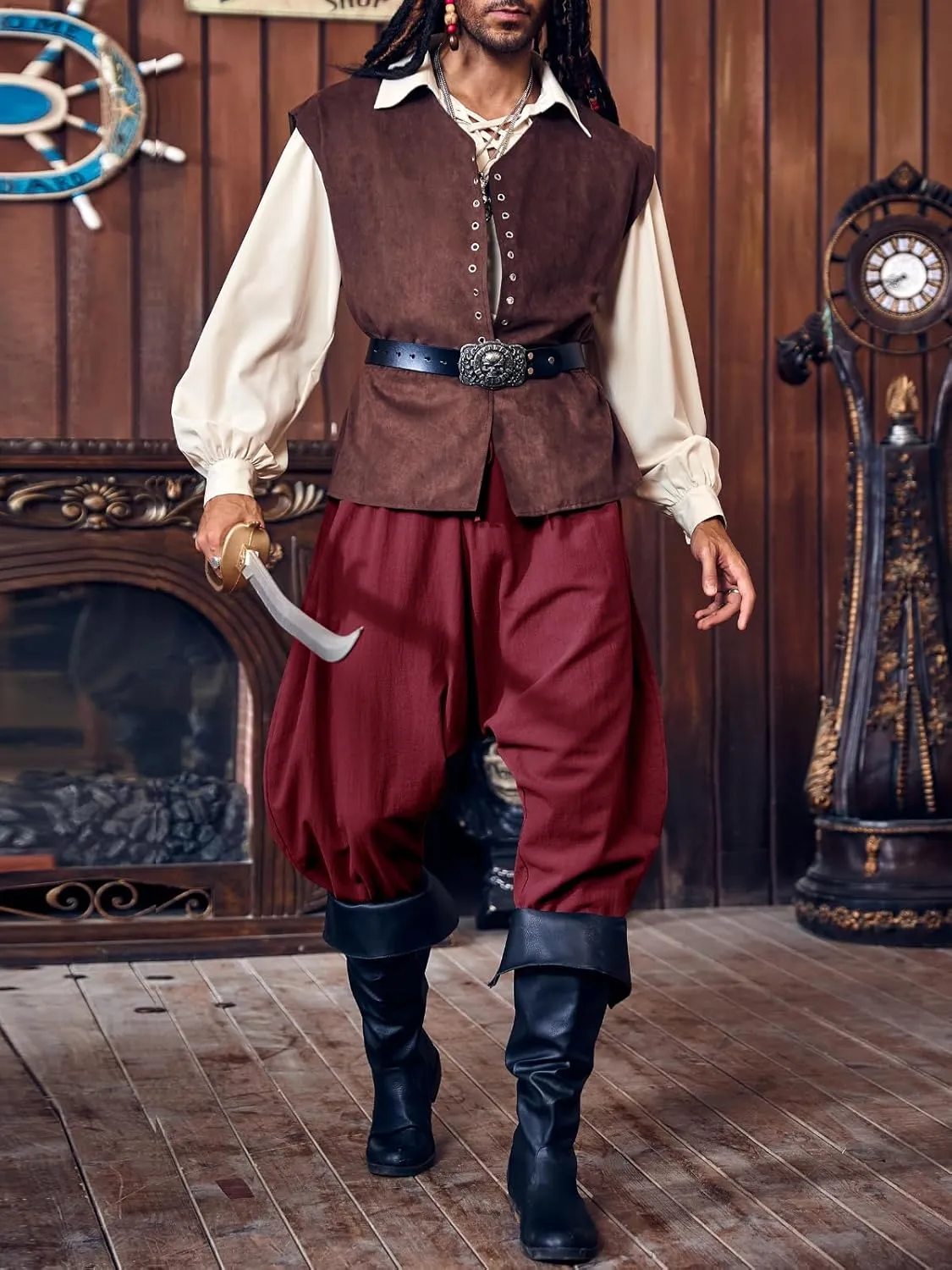 PASLTER Mens Pirate Pants Medieval Viking Costume Trousers Renaissance Halloween Baggy Harem Linen Pants