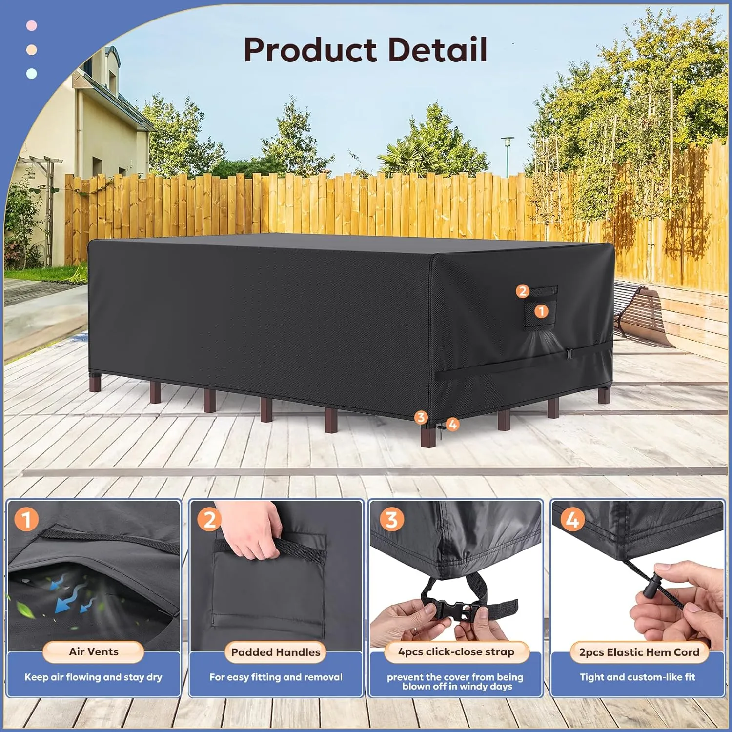 Patio Furniture Covers, Gorpche Outdoor Furniture Covers Waterproof, Tear-Resistant Patio Table and Chair Set Cover with Upgraded Fastener Windproof Buckle Straps, Heavy Duty, 90"L× 62"W×28"H, Black