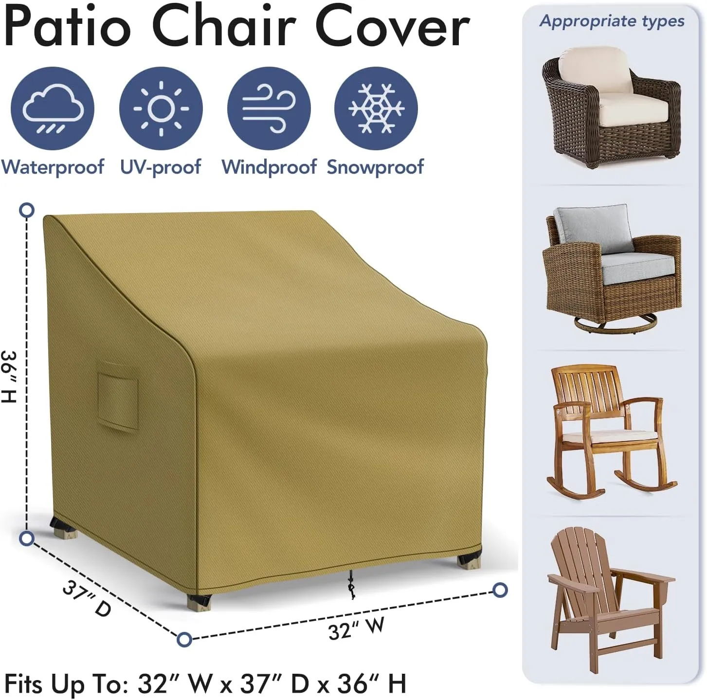 Patio Furniture Covers Waterproof for Chairs, Lawn Outdoor Chair Covers 2 Pack, Patio Chair Covers for Outdoor Furniture Fits up to 29W x 30D x 36H inches, Khaki