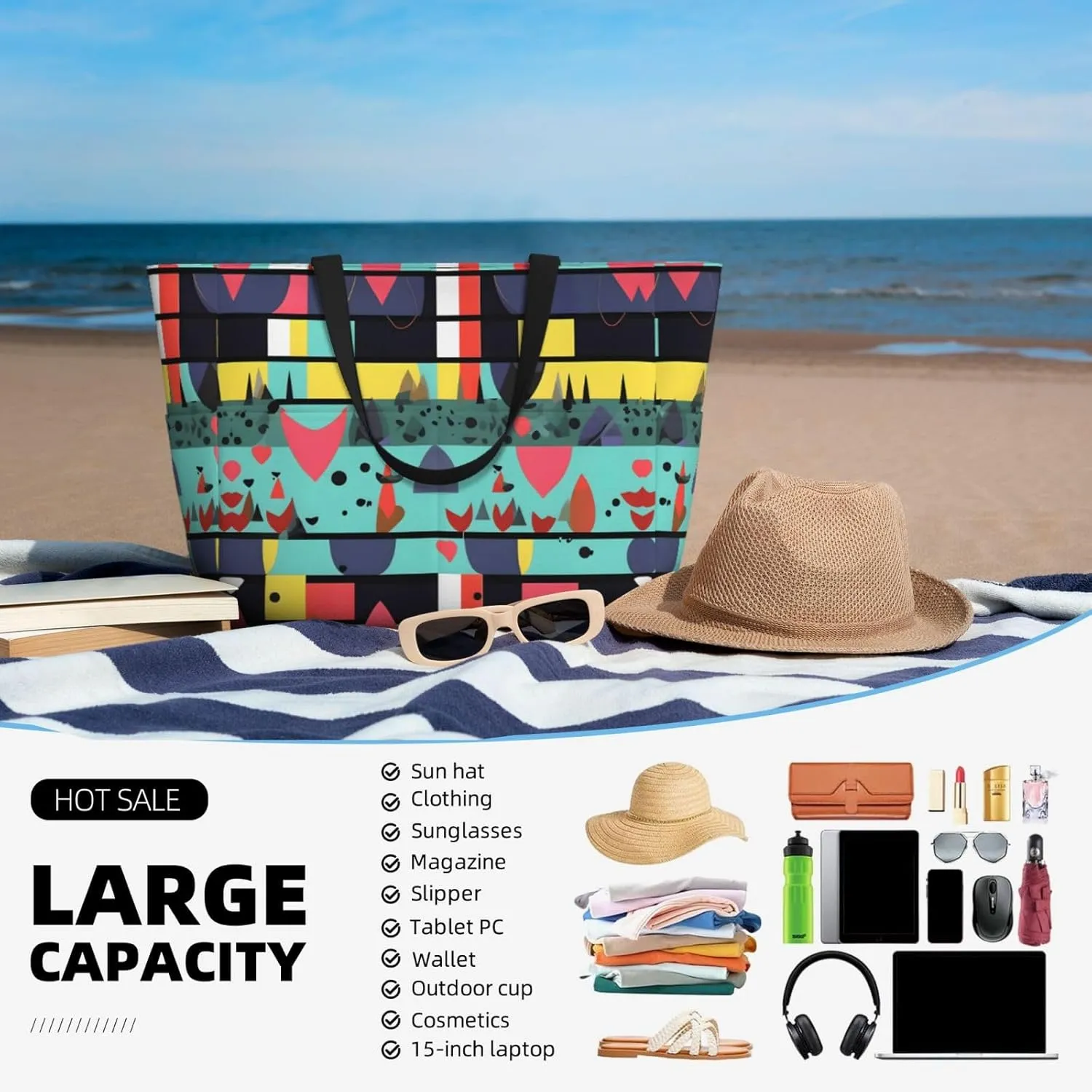 Peacock Flowers Spacious Large Capacity Beach Travel Bag - Foldable Beach Bag Tote Bag With Zipper