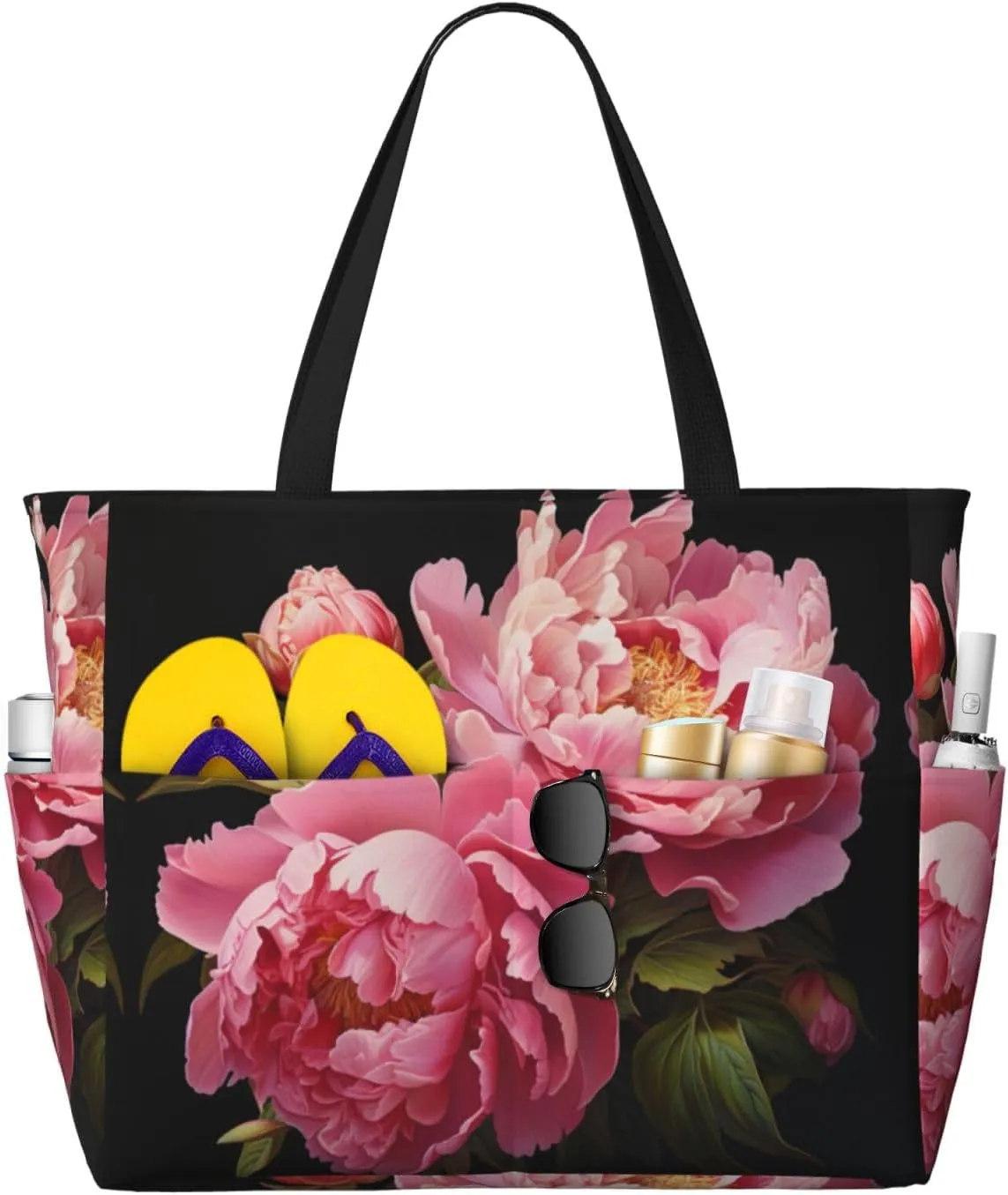 Peony Print Stylish Beach Tote Bag,Large Capacity Handbag,Perfect For Women'S Vacation And Daily Use