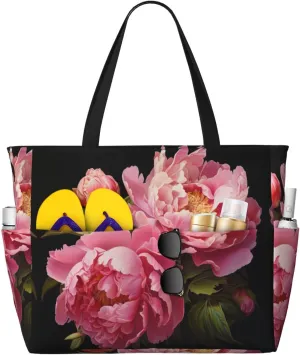 Peony Print Stylish Beach Tote Bag,Large Capacity Handbag,Perfect For Women'S Vacation And Daily Use