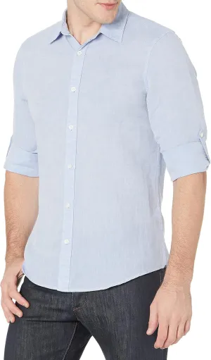 Perry Ellis Men's Slim Fit Roll Sleeve Solid Linen Cotton Button-Down Shirt (Size Small-Xx-Large)