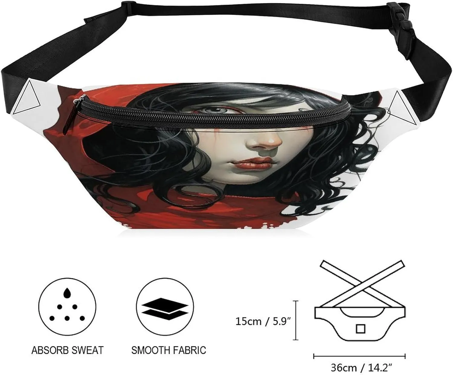 Personalized Waist Packs with Adjustable Strap,Black Hair Woman CrossBody Fanny Pack Casual Bag for Travel Sports Running Hiking