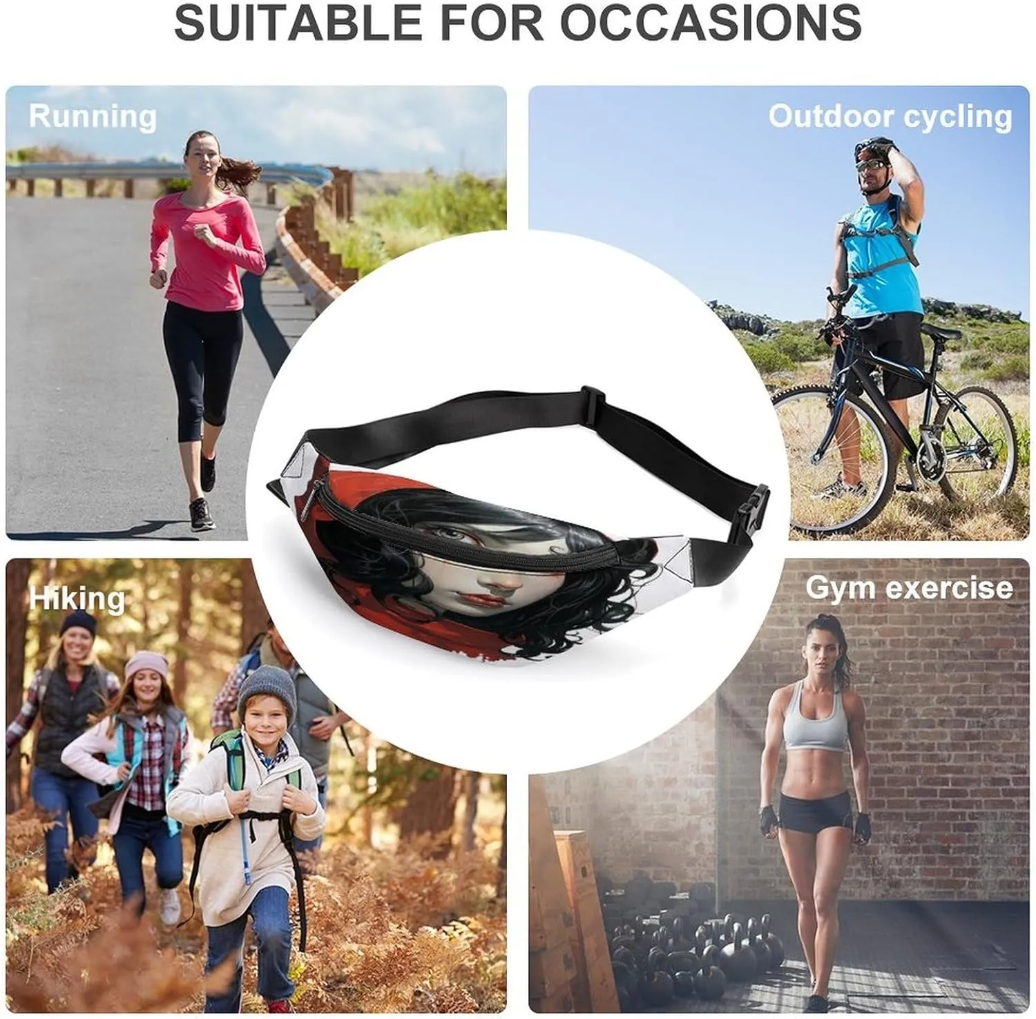 Personalized Waist Packs with Adjustable Strap,Black Hair Woman CrossBody Fanny Pack Casual Bag for Travel Sports Running Hiking
