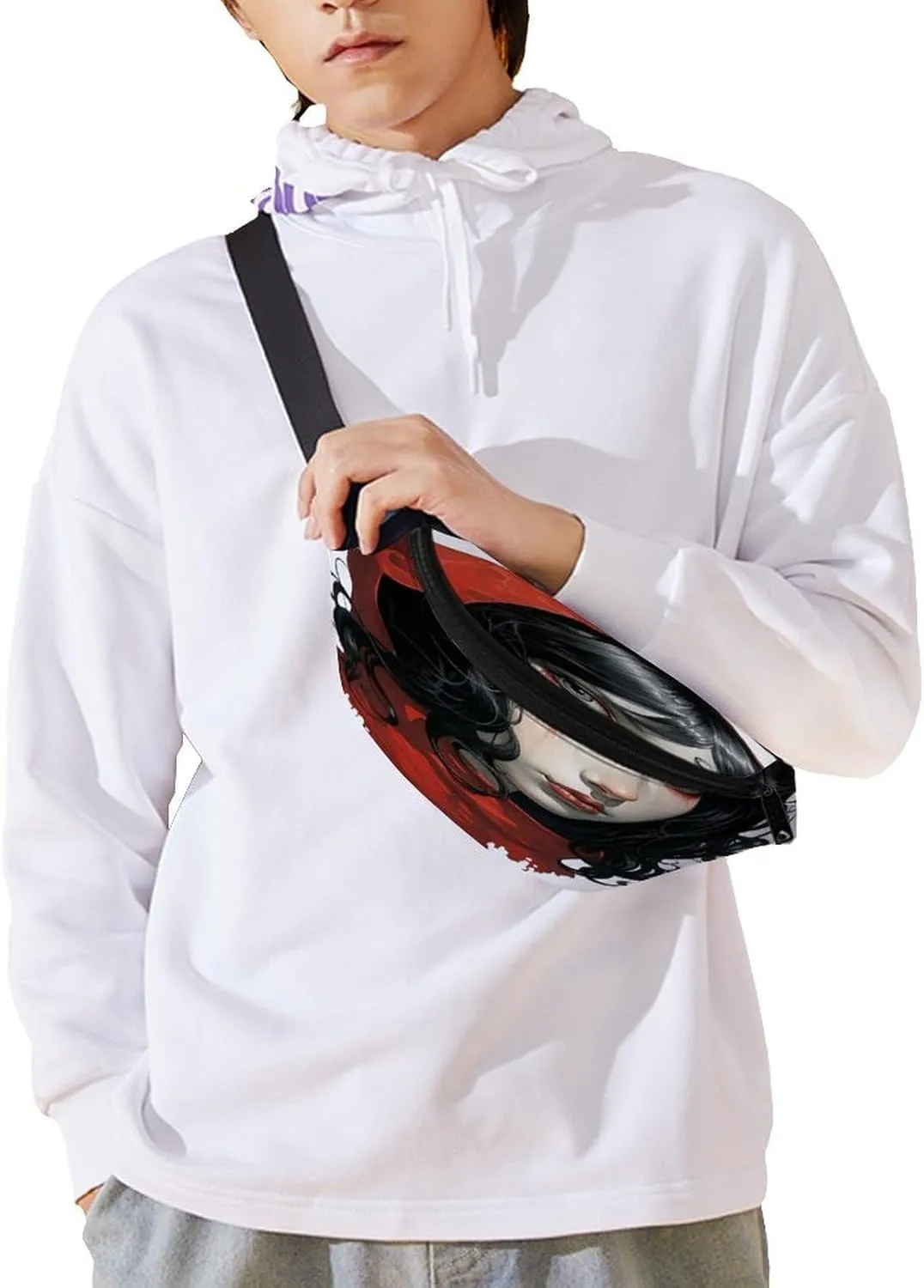 Personalized Waist Packs with Adjustable Strap,Black Hair Woman CrossBody Fanny Pack Casual Bag for Travel Sports Running Hiking