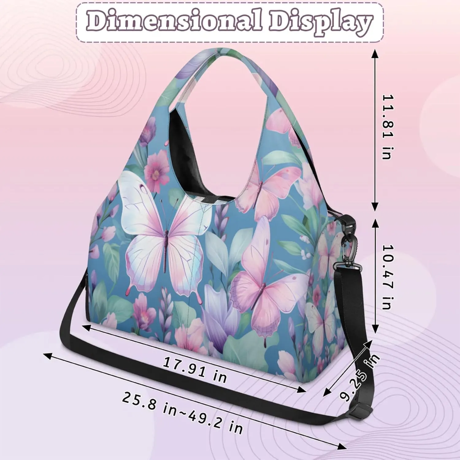Pink Butterfly Bloom Waterproof Gym Bag for Men Women, Sports Duffel Bag with Shoe Compartment Yoga Mat Holder, Portable Large Travel Bag for Fitness, Camping, Weekend Trips