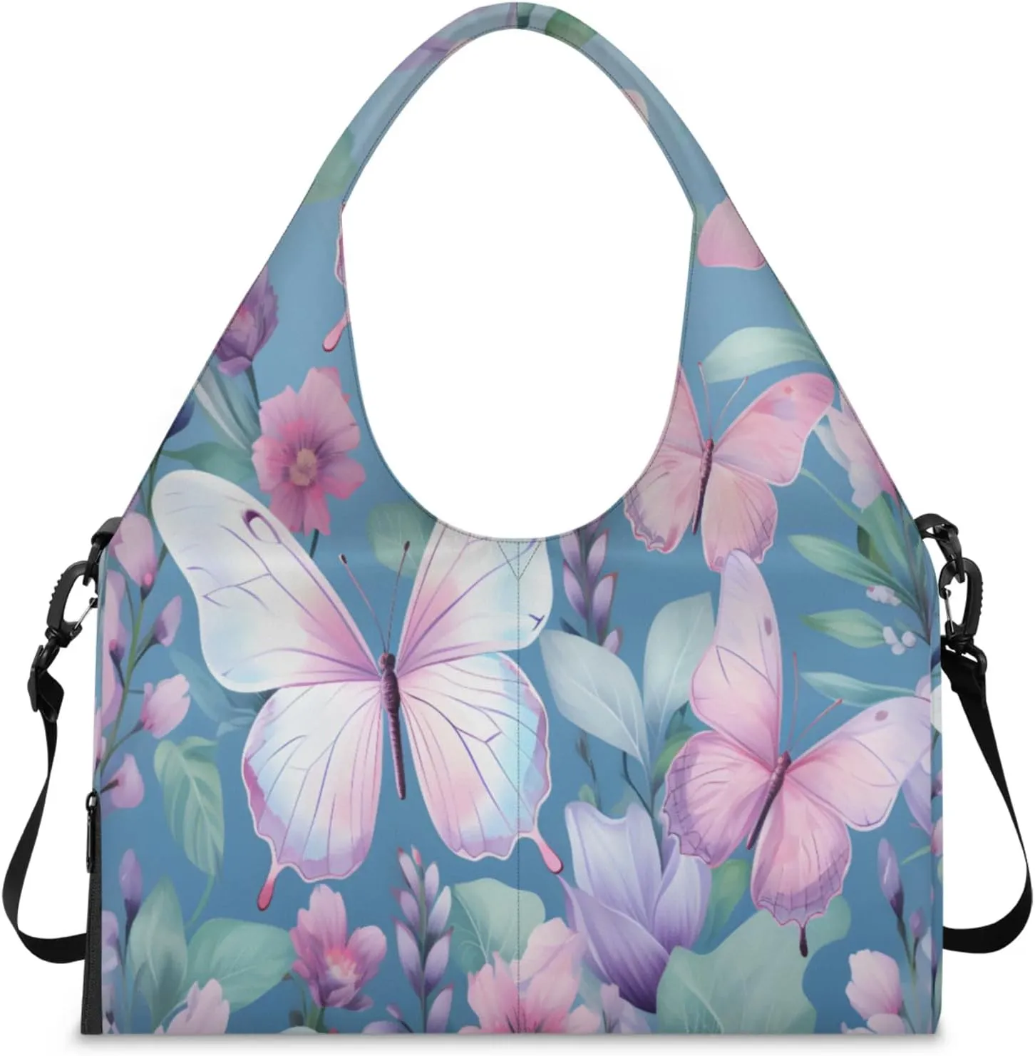 Pink Butterfly Bloom Waterproof Gym Bag for Men Women, Sports Duffel Bag with Shoe Compartment Yoga Mat Holder, Portable Large Travel Bag for Fitness, Camping, Weekend Trips