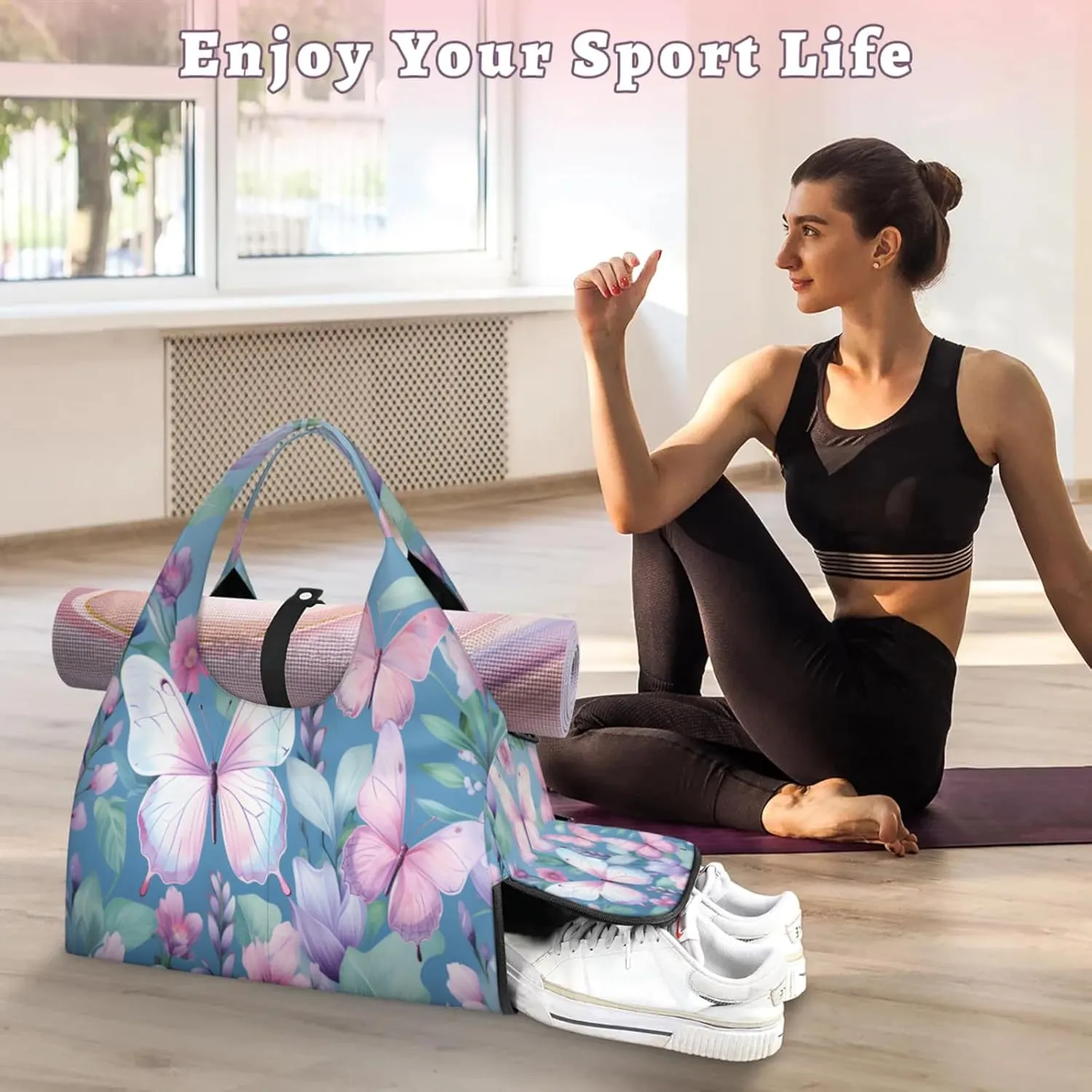Pink Butterfly Bloom Waterproof Gym Bag for Men Women, Sports Duffel Bag with Shoe Compartment Yoga Mat Holder, Portable Large Travel Bag for Fitness, Camping, Weekend Trips