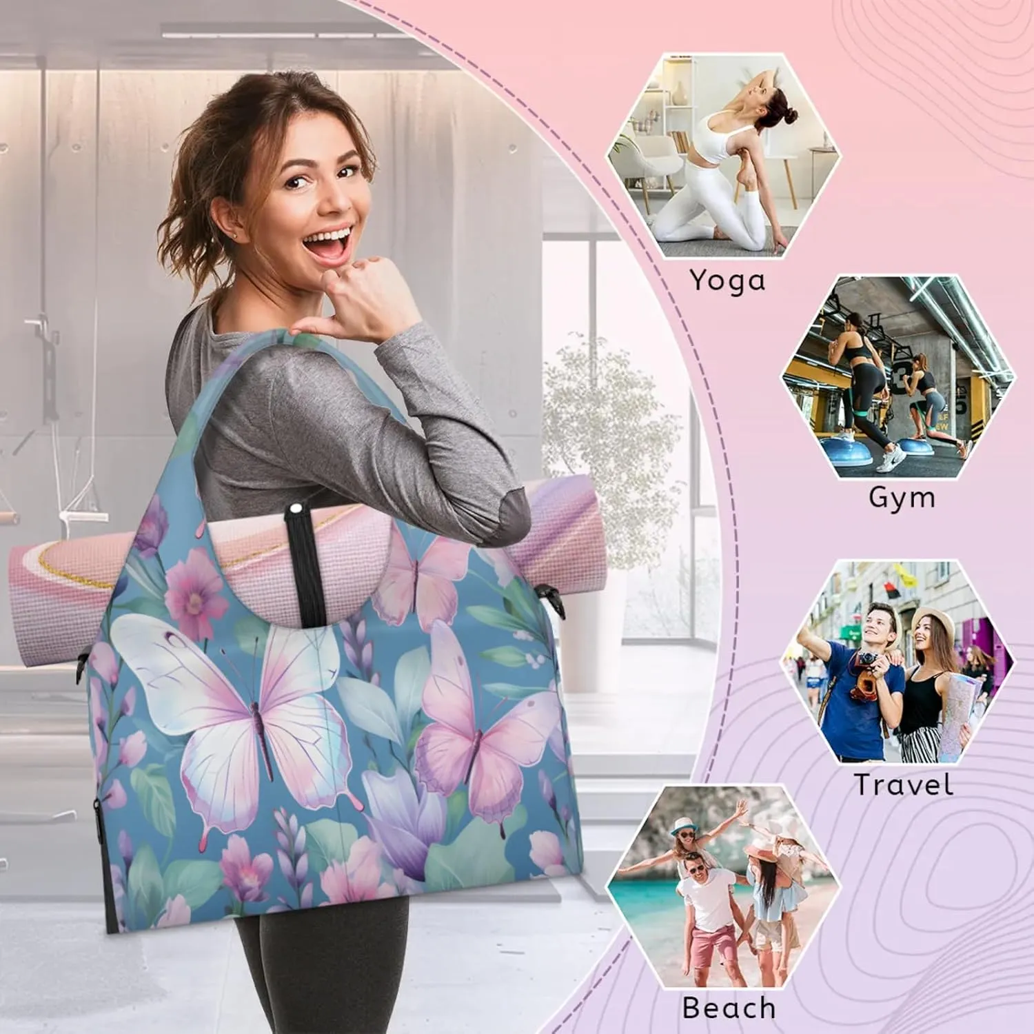 Pink Butterfly Bloom Waterproof Gym Bag for Men Women, Sports Duffel Bag with Shoe Compartment Yoga Mat Holder, Portable Large Travel Bag for Fitness, Camping, Weekend Trips