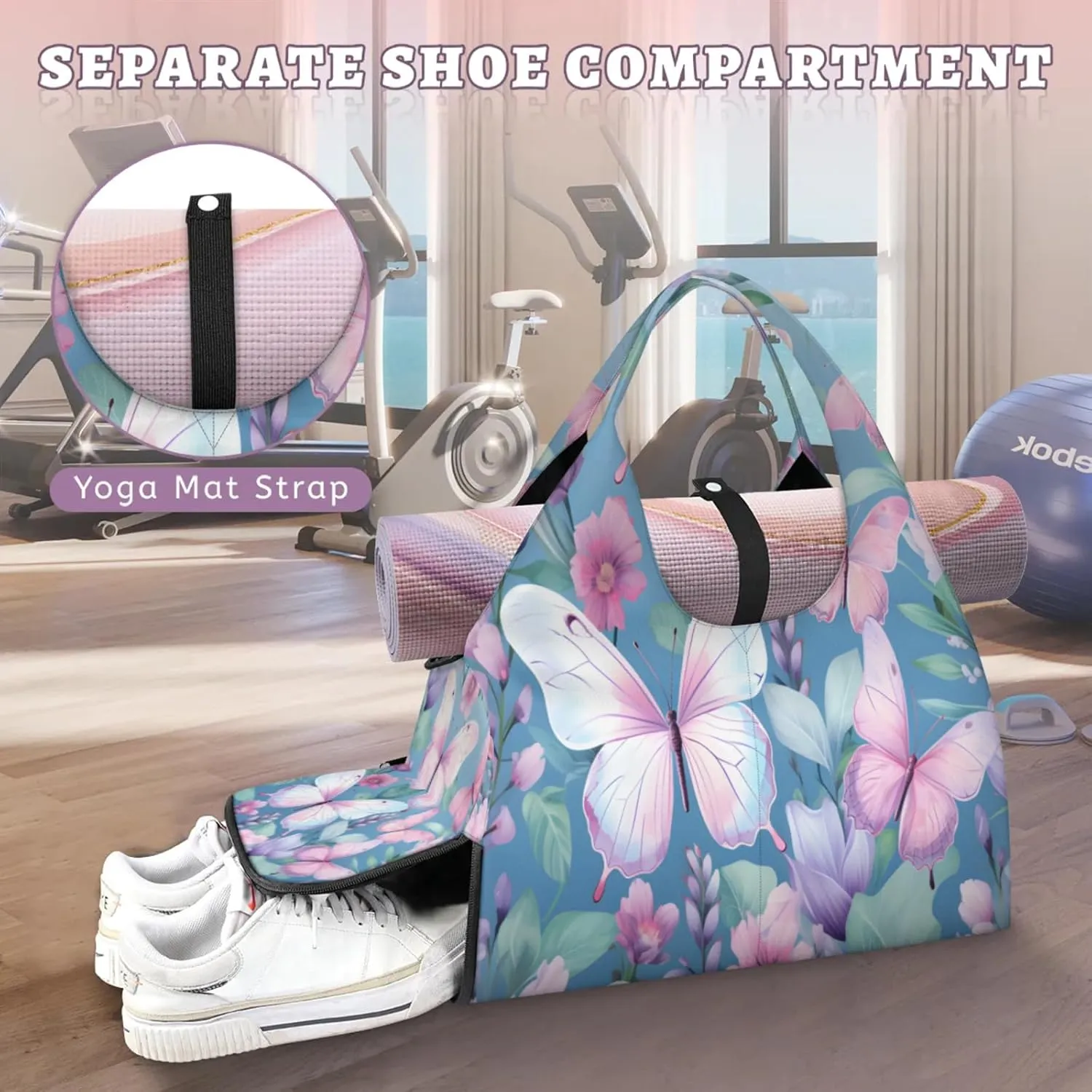 Pink Butterfly Bloom Waterproof Gym Bag for Men Women, Sports Duffel Bag with Shoe Compartment Yoga Mat Holder, Portable Large Travel Bag for Fitness, Camping, Weekend Trips