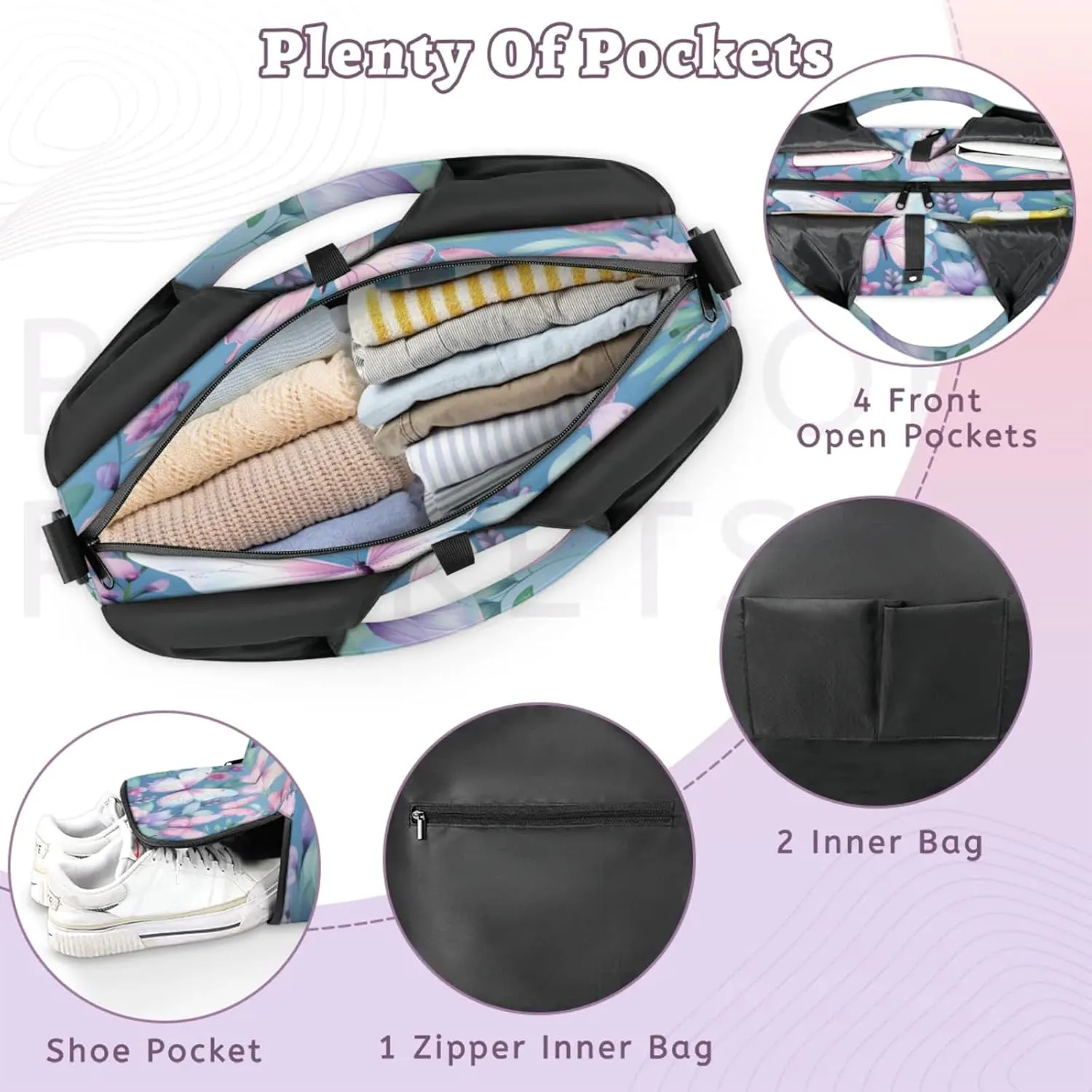 Pink Butterfly Bloom Waterproof Gym Bag for Men Women, Sports Duffel Bag with Shoe Compartment Yoga Mat Holder, Portable Large Travel Bag for Fitness, Camping, Weekend Trips