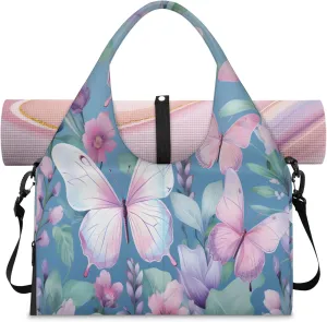 Pink Butterfly Bloom Waterproof Gym Bag for Men Women, Sports Duffel Bag with Shoe Compartment Yoga Mat Holder, Portable Large Travel Bag for Fitness, Camping, Weekend Trips