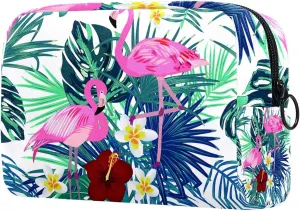Pink Flamingo with Palm Leaves Small Makeup Bags for Women Teen Girls, Makeup Storage Bag with Zipper Accessories Organizer Bag for Travelling