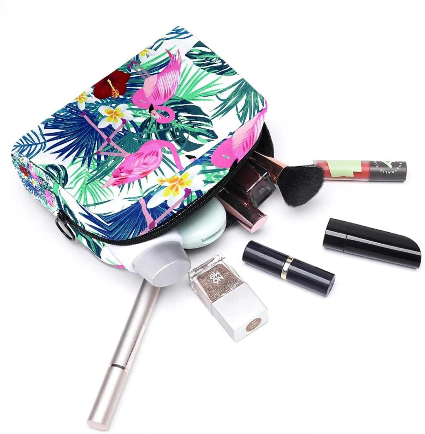 Pink Flamingo with Palm Leaves Small Makeup Bags for Women Teen Girls, Makeup Storage Bag with Zipper Accessories Organizer Bag for Travelling
