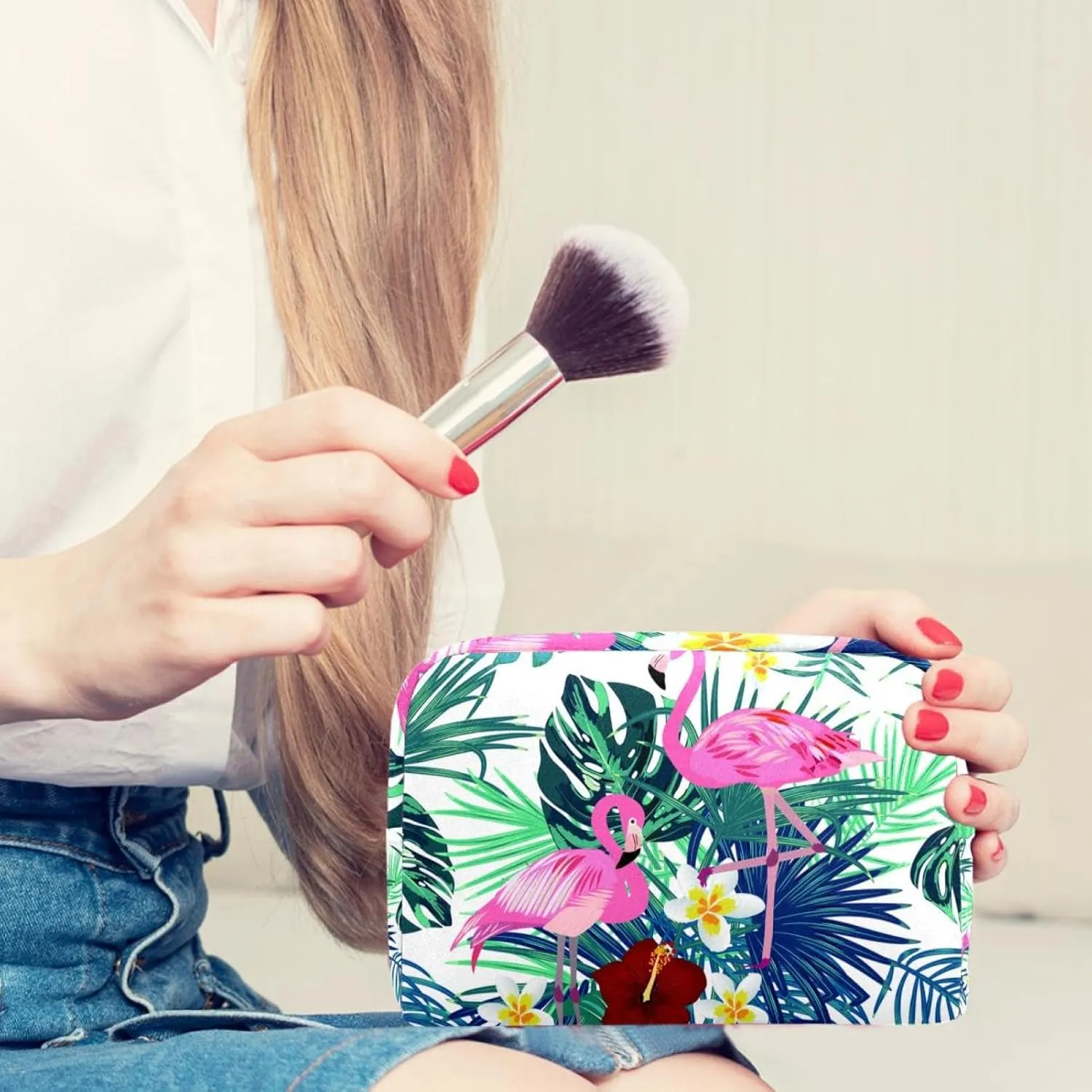 Pink Flamingo with Palm Leaves Small Makeup Bags for Women Teen Girls, Makeup Storage Bag with Zipper Accessories Organizer Bag for Travelling