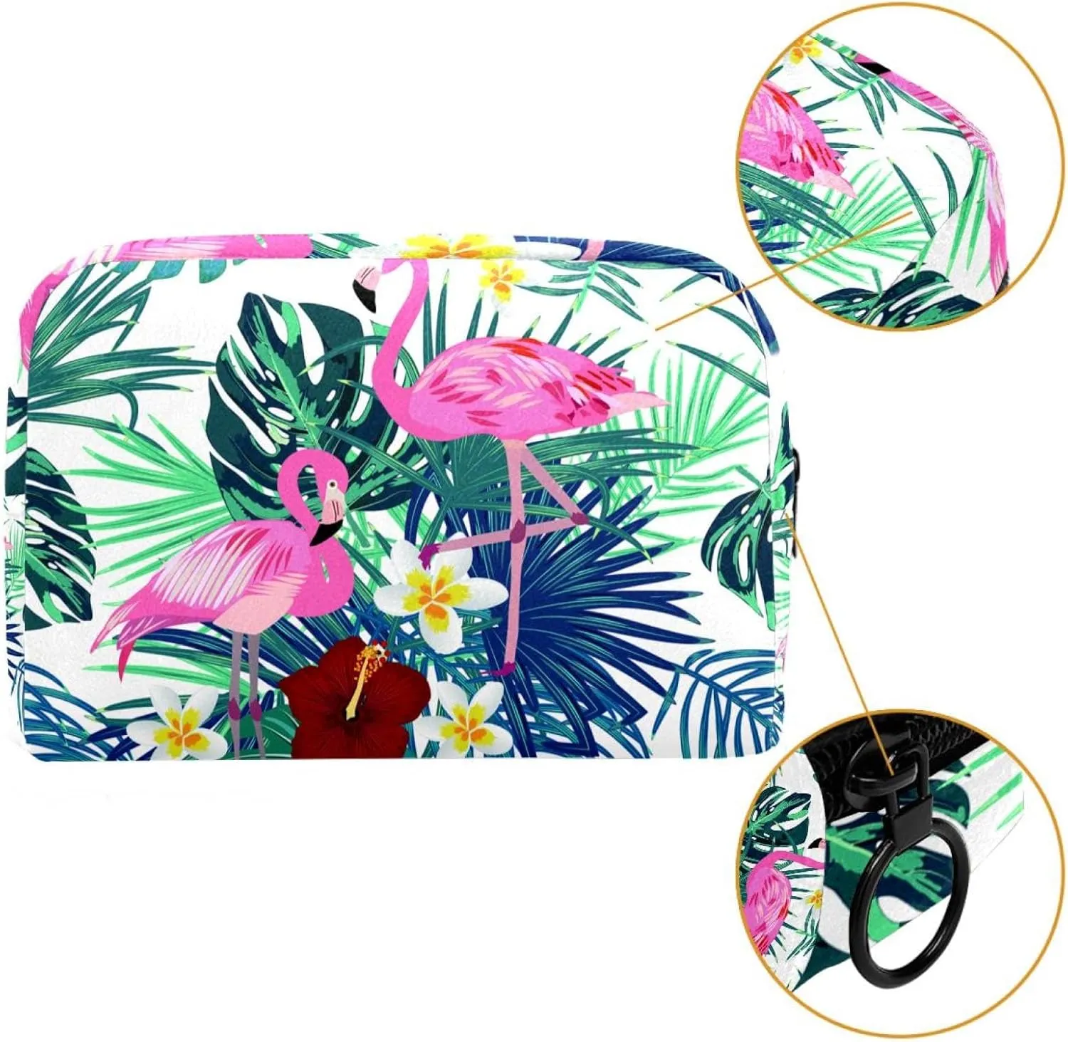 Pink Flamingo with Palm Leaves Small Makeup Bags for Women Teen Girls, Makeup Storage Bag with Zipper Accessories Organizer Bag for Travelling