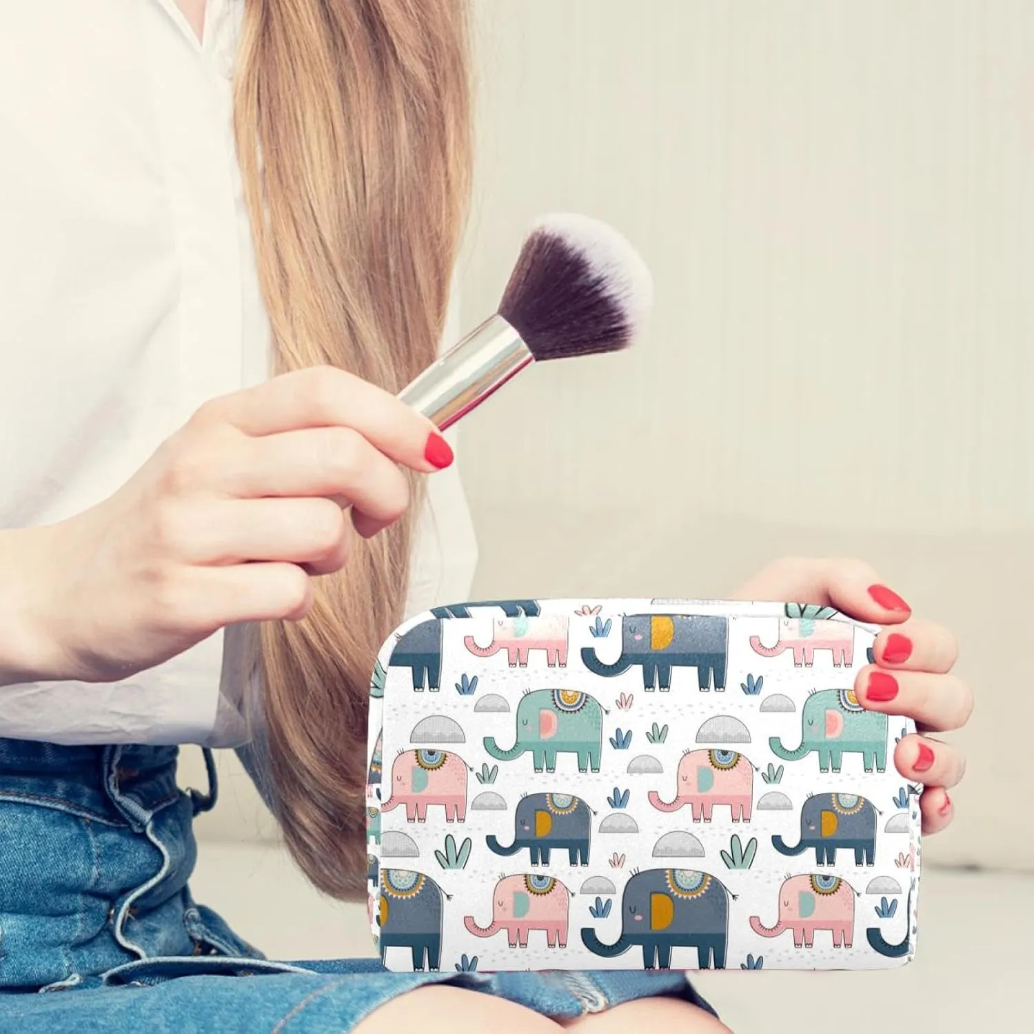 Pink Green Navy Elephants Cactus Small Makeup Bags for Women Teen Girls, Makeup Storage Bag with Zipper Accessories Organizer Bag for Travelling