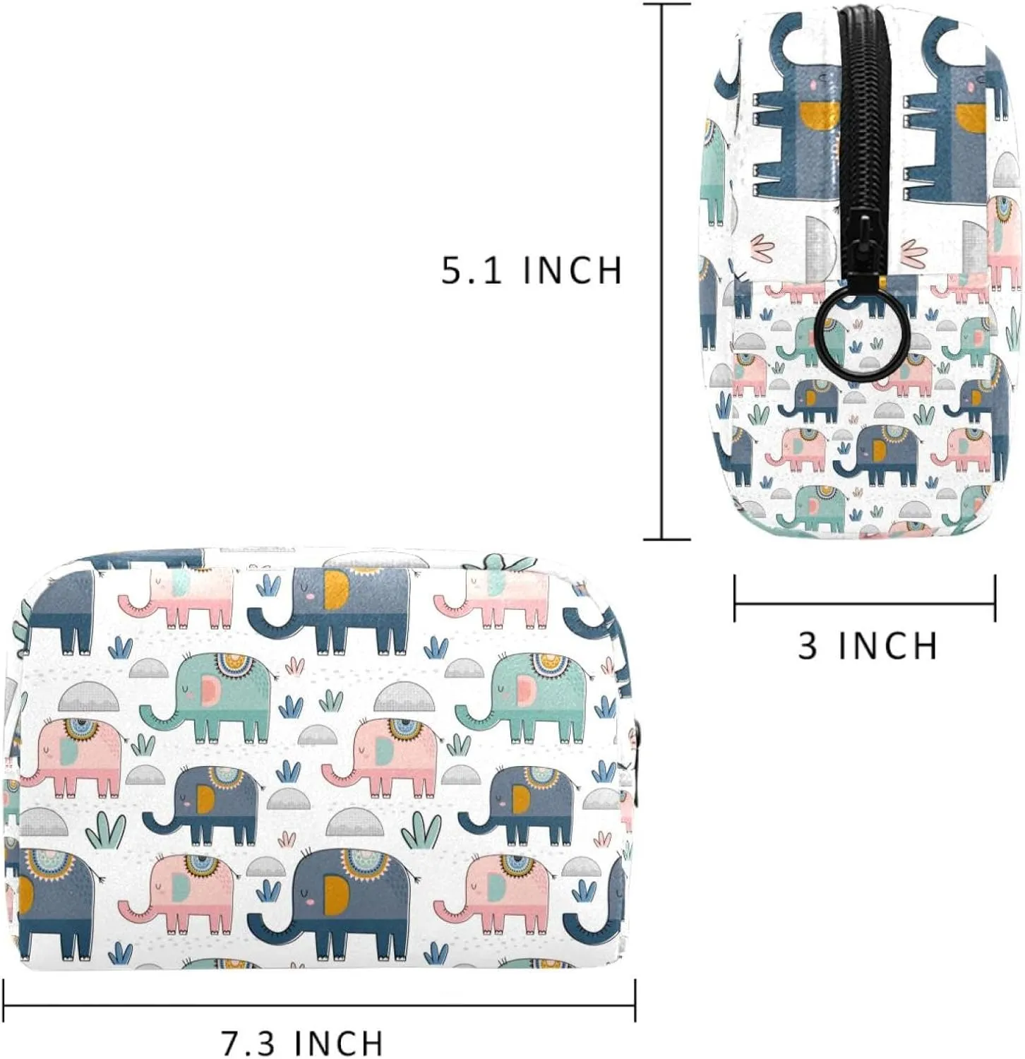 Pink Green Navy Elephants Cactus Small Makeup Bags for Women Teen Girls, Makeup Storage Bag with Zipper Accessories Organizer Bag for Travelling
