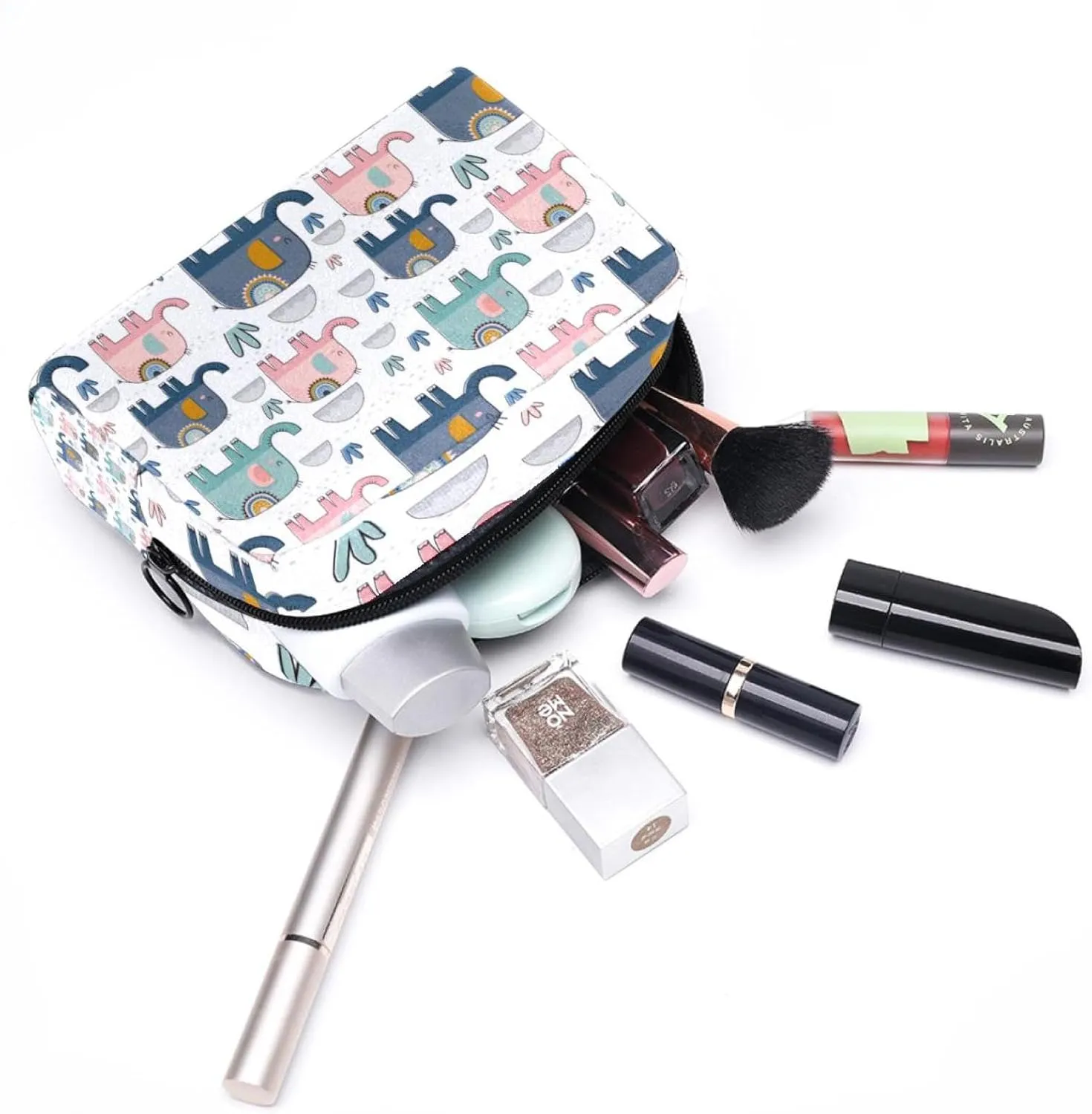 Pink Green Navy Elephants Cactus Small Makeup Bags for Women Teen Girls, Makeup Storage Bag with Zipper Accessories Organizer Bag for Travelling