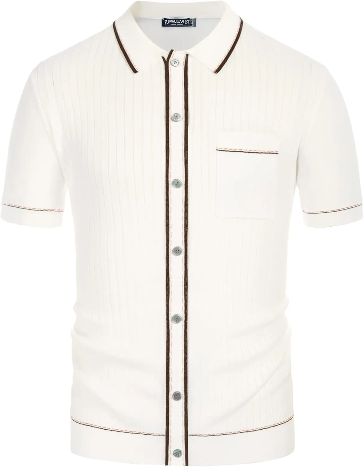 PJ PAUL JONES Mens Knit Shirts Vintage Retro Short Sleeve Button Down Vacation Polo Shirts