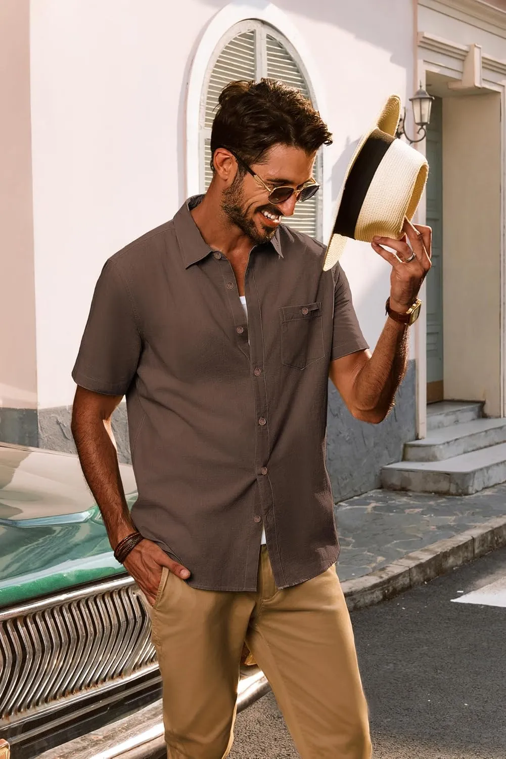 PJ PAUL JONES Mens Short Sleeve Button Down Shirts Summer Beach Shirts Untuckit Cotton Shirt with Pocket