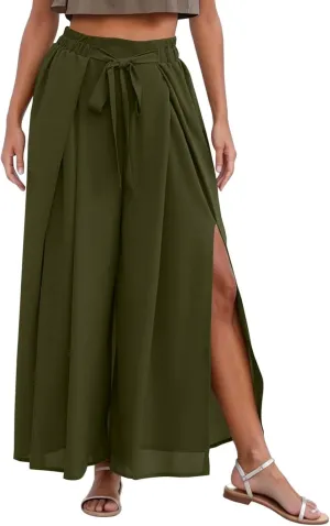 Pleated Wide Leg Pants for Women Tie Front High Waist Side Split Slit Flowy Wide Leg Pleated Flowy Pant with Belt