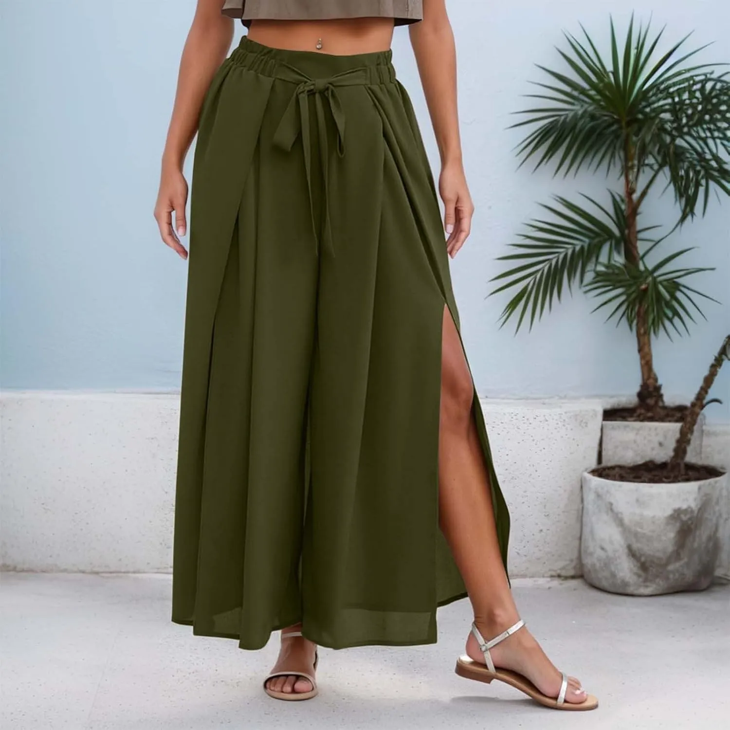 Pleated Wide Leg Pants for Women Tie Front High Waist Side Split Slit Flowy Wide Leg Pleated Flowy Pant with Belt