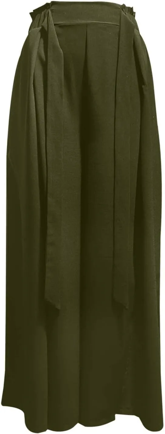 Pleated Wide Leg Pants for Women Tie Front High Waist Side Split Slit Flowy Wide Leg Pleated Flowy Pant with Belt
